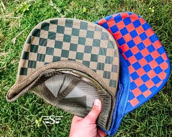 Trucker Hat Checked Under Bill Transfer | trucker hat, hat bar, transfer, western, team colors, checkered print, retro, sports, sports team