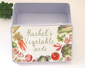 Vegetable seed tin, personalised  tin, custom gardening box, , personalised gardeners tin, gift for gardeners, gardening gift, seed storage