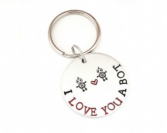 Hand Stamped robot keyring, nerd keyring, robot bag charm, I love you a bot, gift for geeks, anniversary keyring, for her, for him