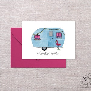 Avontuur wacht camper wenskaart, gevouwen notitiekaart, aquarel briefpapier