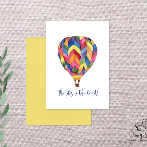 The Sky is the Limit Hot air balloon Greeting Card, Watercolor Stationery, Folded Note Card