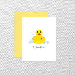 Cartão de boas-vindas para bebê de pato de borracha, papelaria em aquarela, cartão de nota dobrado