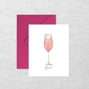 Bicchiere di champagne "Cin cin" Biglietto d'auguri, Cancelleria ad acquerello, Biglietto per appunti piegato