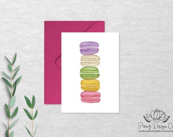 French Macaron Greeting Card, Watercolor Stationery, Folded Note Card