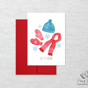Let it Snow, Tarjeta de felicitación de invierno, Papelería de acuarela, Tarjeta de notas plegada, Tarjeta en blanco