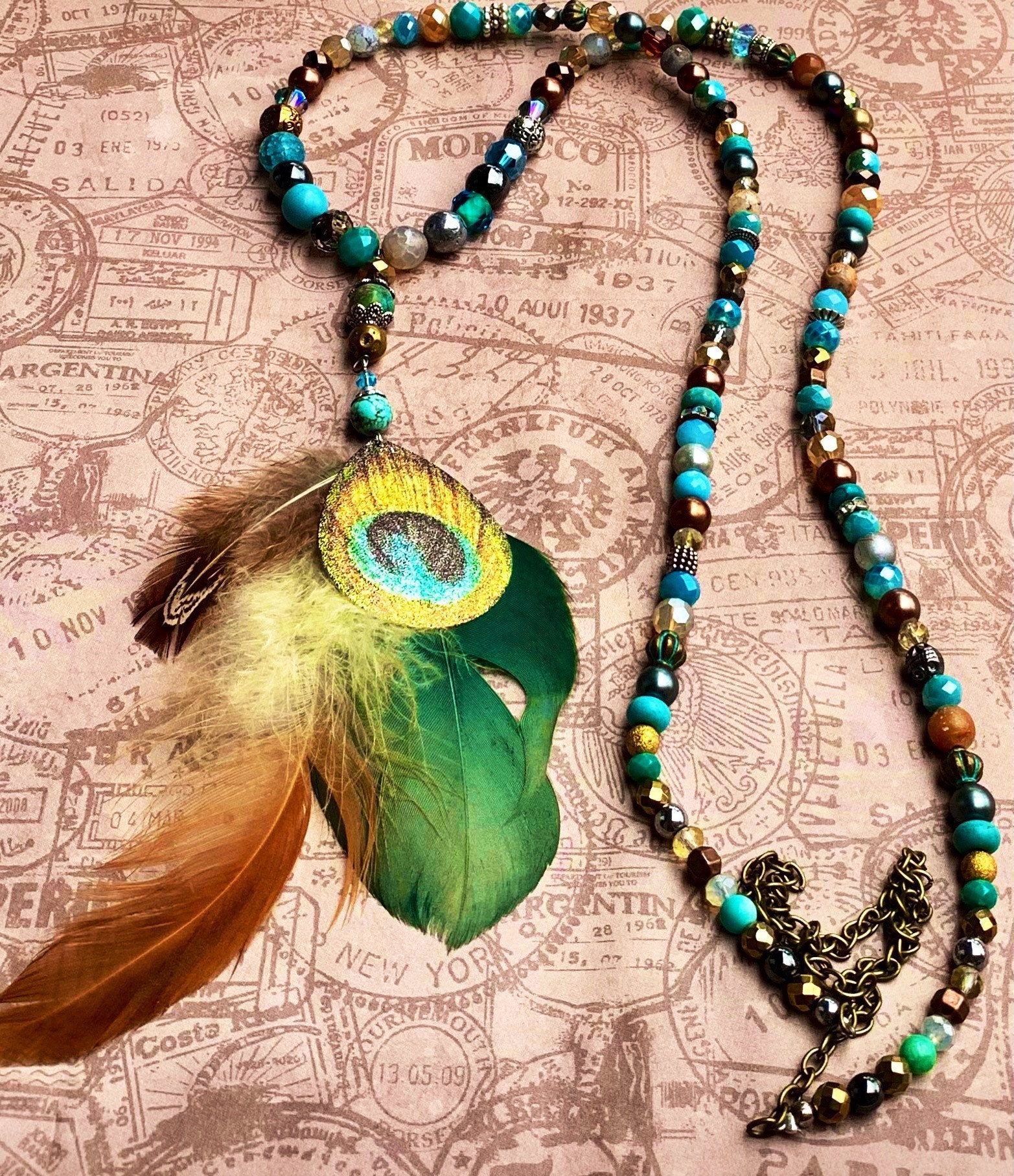 Peacock Feathers Boho Handmade Beaded Charm Necklace Etsy Italia