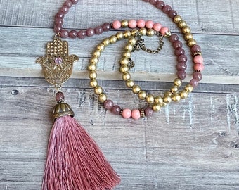 Pink Hamsa Hand Tassel, Boho, Beaded, Handmade, Gemstone, Tassel, Necklace