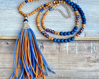 Sol Sista, Leather Tassel, Boho, Beaded, Handmade, Gemstone, Tassel, Necklace
