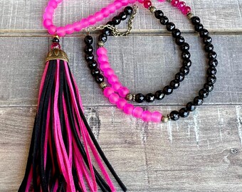 Pink & Black, Leather Tassel, Boho, Beaded, Handmade, Gemstone, Tassel, Necklace
