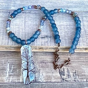 Blue Crystal, Pendant, Boho, Beaded, Hand Knotted, One of a Kind, Handmade Necklace