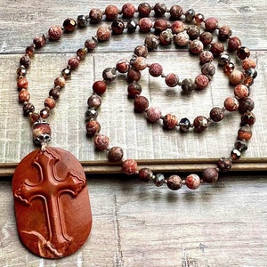 Stone Cross, Hand Knotted,  Boho, Beaded, Handmade, Gemstone, Necklace