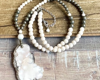 Howlite Stone Pendant, Boho, Beaded, Handmade, Long, Gemstone, Necklace