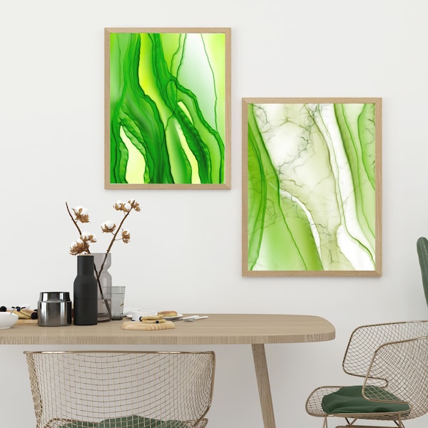 Grüne Modekunst mit flüssiger Alkoholtinte. Digitale Alkoholtintenmalerei. Set mit 2 Gemälden für modernes Wohndesign. Große Leinwand-Wandkunst.