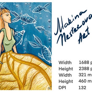 Pintura digital Cartel de tarjeta de regalo azul amarillo, Chica independiente con sueño para la decoración del hogar, arte feminista, obra de arte de pintor famoso