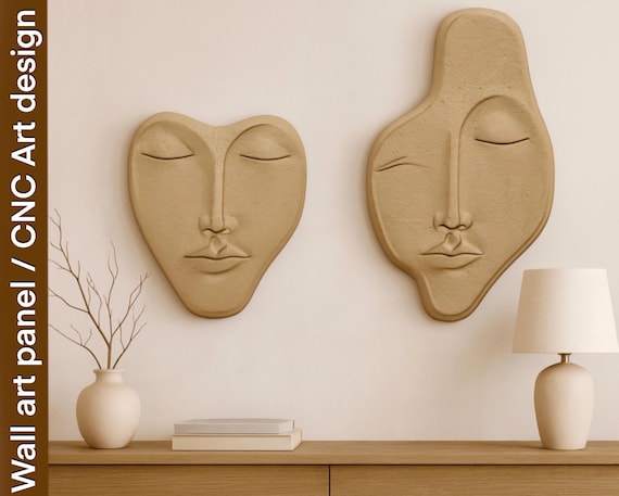 抽象的な顔の3D壁アート彫刻2体セット - 壁アート用のSTL 3Dモデル