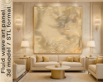 May include: A beige and brown abstract wall art panel with a wavy pattern. The panel is hanging on a wall in a living room setting with a beige sofa, two end tables, and lamps.