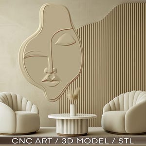 ボヘミアン風ニュートラル3Dウォールアートパネル - CNC用抽象顔STLファイル、インテリアアクセントウォールデザインのための大型ミニマリストウォール彫刻