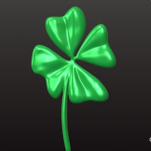 May include: A shiny green four-leaf clover with a stem, isolated on a black background.