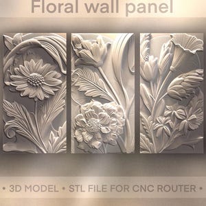 3D Bloementriptiek Wandkunst STL-bestand | Botanisch CNC-paneel | Decoratief reliëf voor accentmuren en modern interieurontwerp