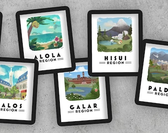 Pokémon Region Travel Poster Set – 10 Digital Art Prints, Kanto to Paldea