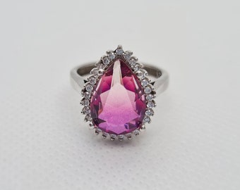 zircon 925 rhodium polished silver ring, pink stone, handmade silver rings, Rhodium silver ring, tear drop shape stone, diamond cut stone.