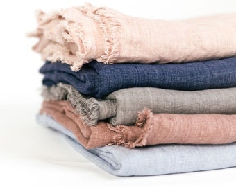 LINEN THROW BLANKET // Stone Washed & Handwoven in India // Pink Blush, Ash Rose, Navy Blue, Oyster Grey