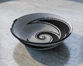 Zulu Telephone Wire Basket Bowl – Black & White | Handwoven African Bowl | Fair Trade Home Decor