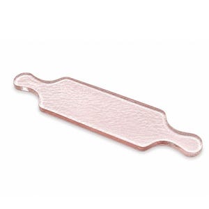 May include: A light pink, rectangular glass rolling pin with rounded handles. The glass has a textured surface. The rolling pin is designed for kitchen use.