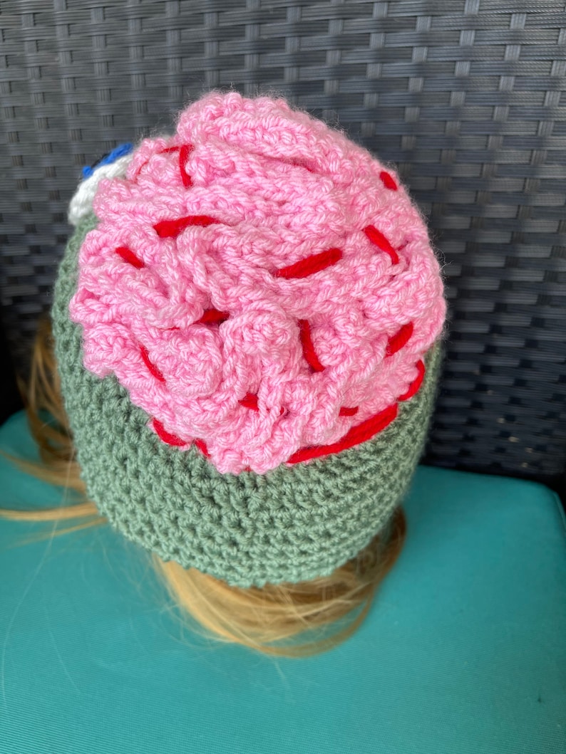 May include: A crocheted hat featuring a pink brain design. The hat is green and has a red outline around the brain.