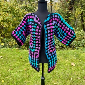 Crochet ombre hexi cardi, knit sweater jacket, retro hippie style cardigan, colorful cardigan, birthday gift for sister, black and pink coat