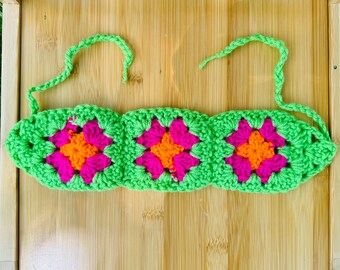 Crochet Granny Square Headband: 70s Boho Tie Back Hair  display picture 3