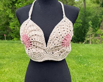 Crochet boobie 36D halter top for women, 100% cotton summer festival top, beach bikini, rave bralette, funny bachelorette party wear, friend