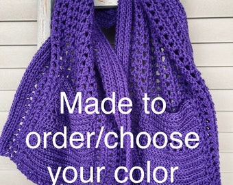 Made to order crochet pocket shawl, scarf with pockets, knitted wrap, customized scarf, choose your color, wedding shawl for bridesmaids