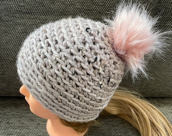 Hand Knits 2 Love Beanie Slouch Cap Faux Fur Pom Pom Soft  display picture 2