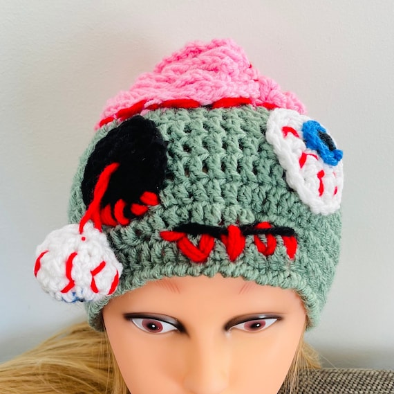 Crochet Zombie Hat: Halloween Costume Beanie with Brains & Eye