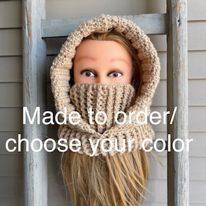 Made to order Hooded turtleneck cowl for women, crochet ski mask for men, balaclava for hunter, winter accessory, cold weather gear, custom