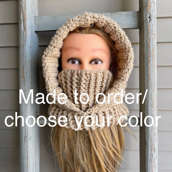 Made to order Hooded turtleneck cowl for women, crochet ski mask for men, balaclava for hunter, winter accessory, cold weather gear, custom