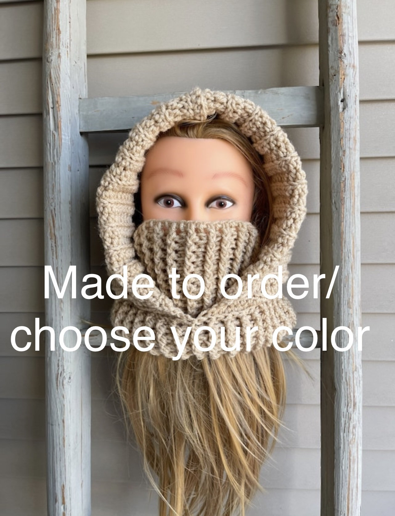 Made to order Hooded turtleneck cowl for women, crochet ski mask for men, balaclava for hunter, winter accessory, cold weather gear, custom