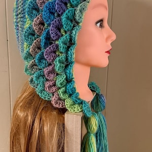 Crocodile stitch hat with tassels, crochet pixie hood, unique hat for women, fairy hood, birthday gift for teen, pastel colored hood