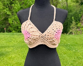 Crochet boobie 34C halter top for women, 100% cotton festival beach bikini top, summer clothes, rave bralette, funny bachelorette party wear