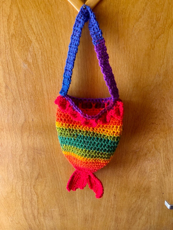 Girls mermaid tail purse, colorful tote bag, rainbow bag, toddler play purse, cute birthday gift for granddaughter, purse with strap, child