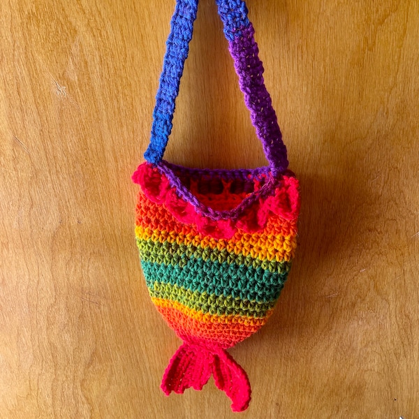 Girls mermaid tail purse, colorful tote bag, rainbow bag, toddler play purse, cute birthday gift for granddaughter, purse with strap, child