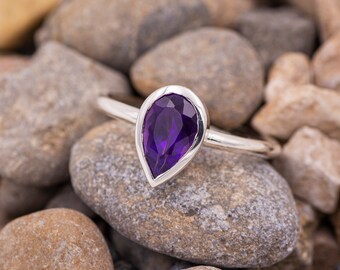 Anello Donna Argento Placcato Con Ametista Viola Naturale - Pietra Di Nascita Rotonda, Misura USA 6-10