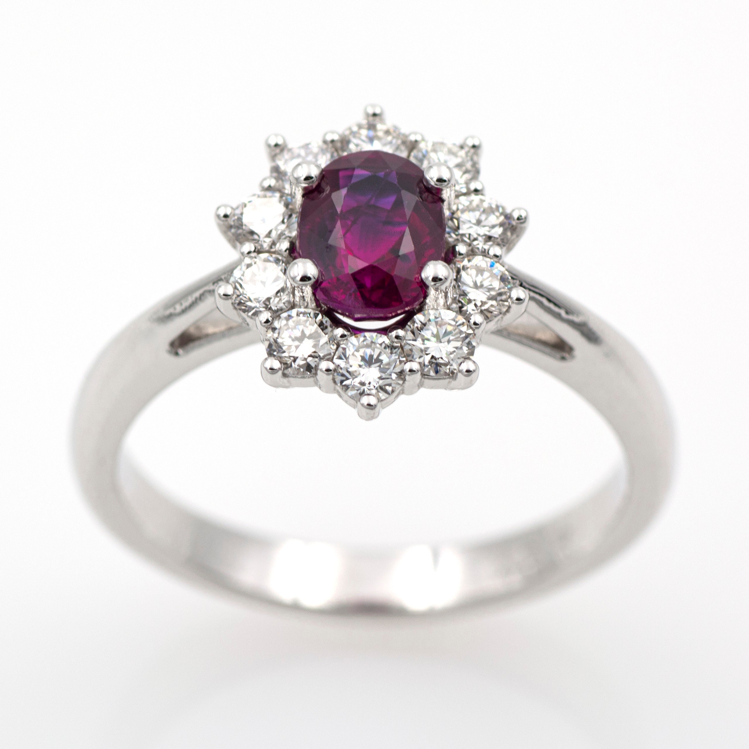 18k/750 white gold ring with a 1.01 ct. ruby and 0.46 ct. diamonds. Includes ALGT ruby certificate and IGE jewelry report.