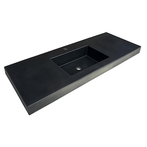 May include: A rectangular, matte black bathroom vanity countertop with an integrated sink basin. The sink is centered and has a single faucet hole. The countertop is a solid, dark color, and the design is modern and minimalist.