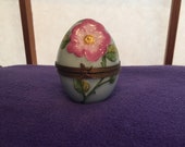 Limoges Hand Painted Teal and Pink Floral Egg Trinket Box. Perfect Condition. Delightful Detail includes Snap Clasp