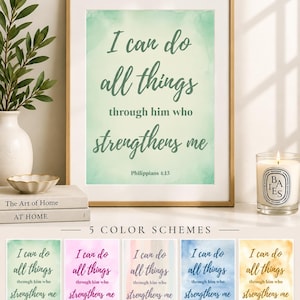 Puede incluir: Un cuadro decorativo con el texto I can do all things through him who strengthens me Philippians 4:13 en letra cursiva verde oscuro sobre un fondo de acuarela verde claro, con cinco variaciones de color adicionales mostradas abajo.