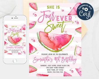 Editable Watermelon Four Ever Sweet Birthday Girl Invite, 4th Birthday Invitation Girl, Pink Watermelon Party Invitation, Template 360-1