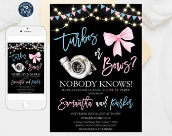 Turbos or Bows Gender Reveal Invitation: Cars Theme (Editable Template)