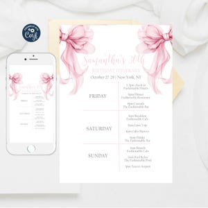 Peut inclure: Un itinéraire imprimable rose et blanc pour une fête d'anniversaire de 30 ans à New York. L'itinéraire comprend une liste d'activités pour le vendredi, le samedi et le dimanche, notamment l'enregistrement, le dîner, les cocktails, le petit-déjeuner, un trajet en limousine, une fête de cadeaux, des boissons, le brunch et une fête à la piscine. L'itinéraire est décoré d'un nœud rose.